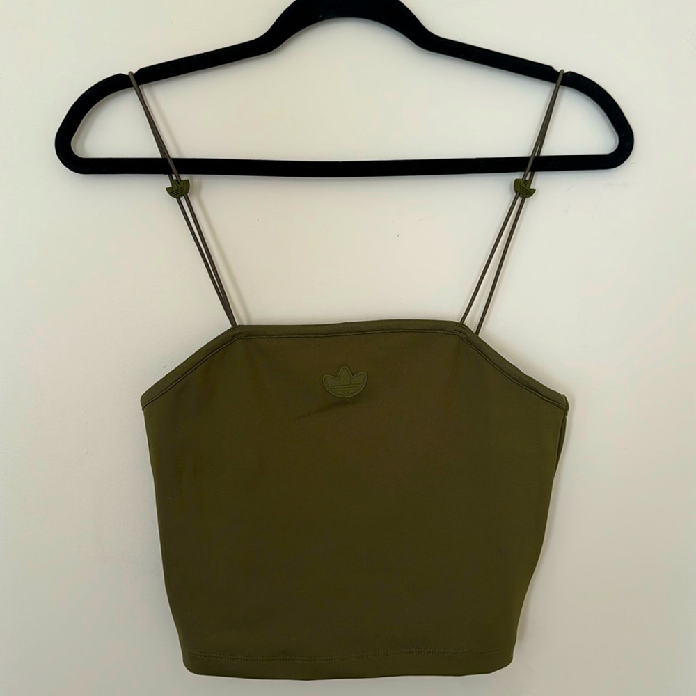 NWT Adidas Olive Green Bungee Cord Spaghetti Strap Crop Top sz Small